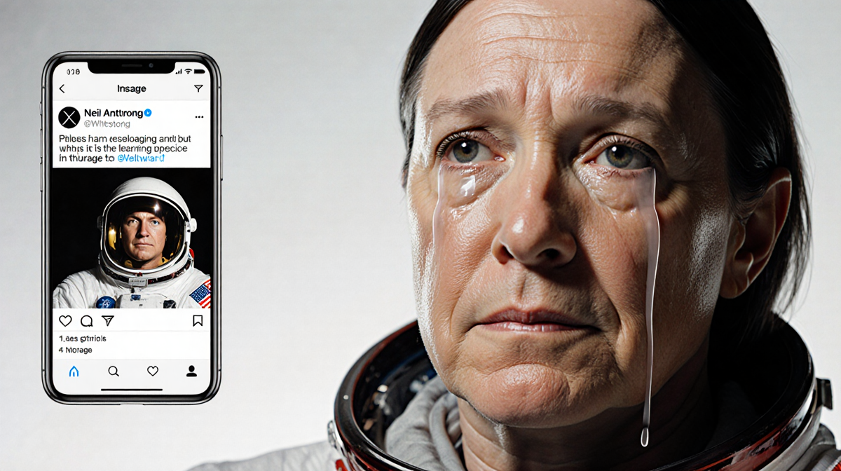 Solemn portrait of Neil Armstrong with tears rolling down her cheeks and calm eyes against a subtle white-gray gradient.