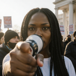 Nekima Levy Armstrong holds a megaphone pointing at camera with blurred protesters in background and warm left-side light