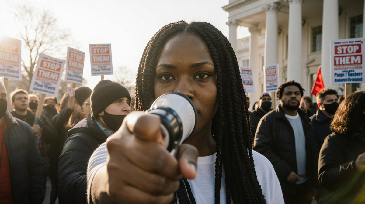 Nekima Levy Armstrong holds a megaphone pointing at camera with blurred protesters in background and warm left-side light
