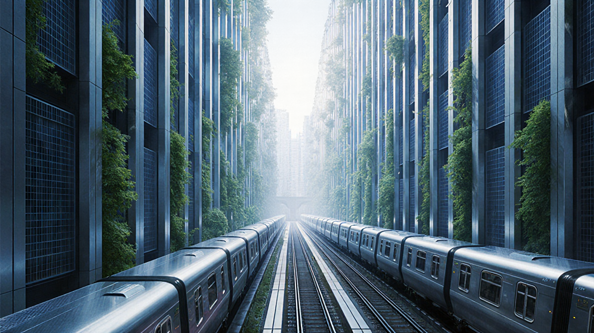 Subway cars speed along track with towering Neom walls and green solar panels in background