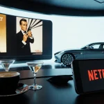 High-tech control room shows James Bond movie poster on large screen with Netflix logo on smartphone and martini glass nearby