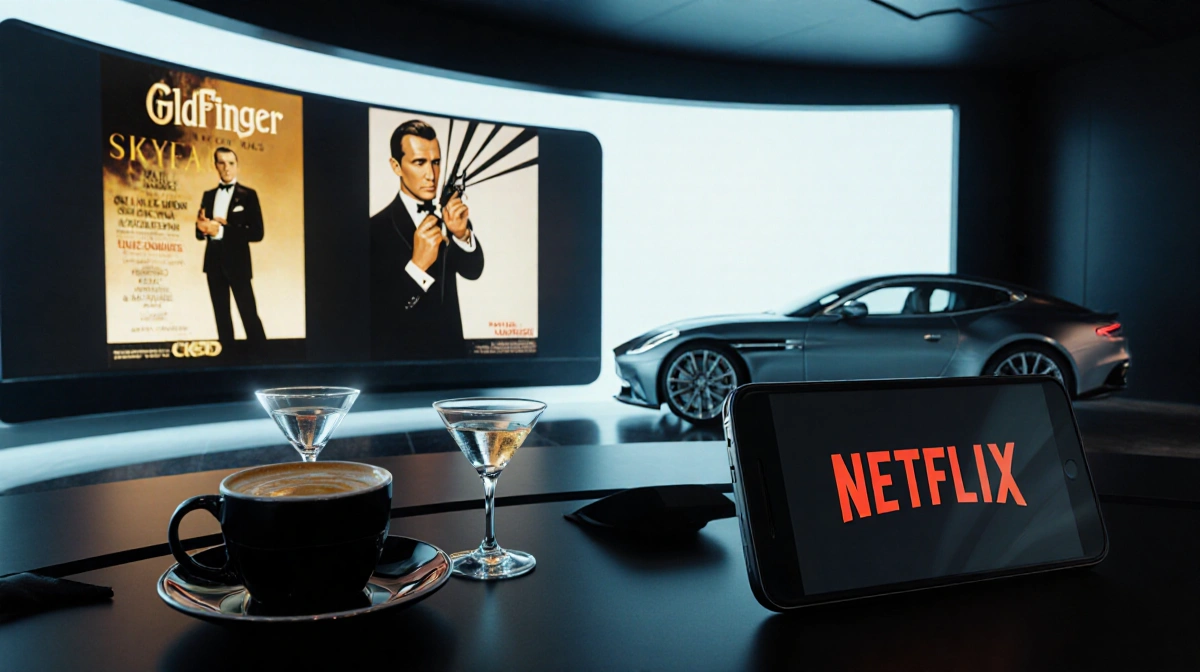 High-tech control room shows James Bond movie poster on large screen with Netflix logo on smartphone and martini glass nearby