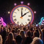 Crowd eagerly awaiting countdown clock with neon flashes and phone screens reflecting in the night.