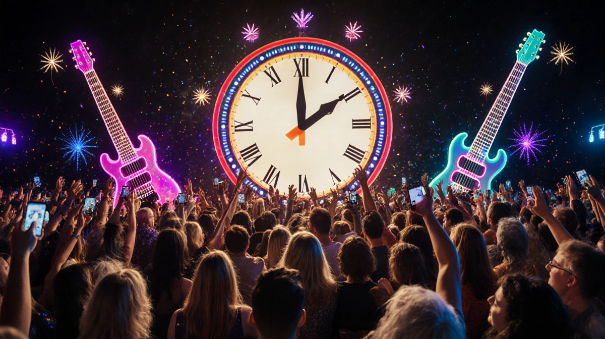 Crowd eagerly awaiting countdown clock with neon flashes and phone screens reflecting in the night.