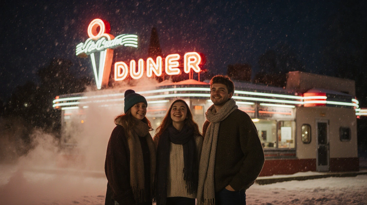 Friends bundled up stand in front of neon diner with foggy winter night on New Year