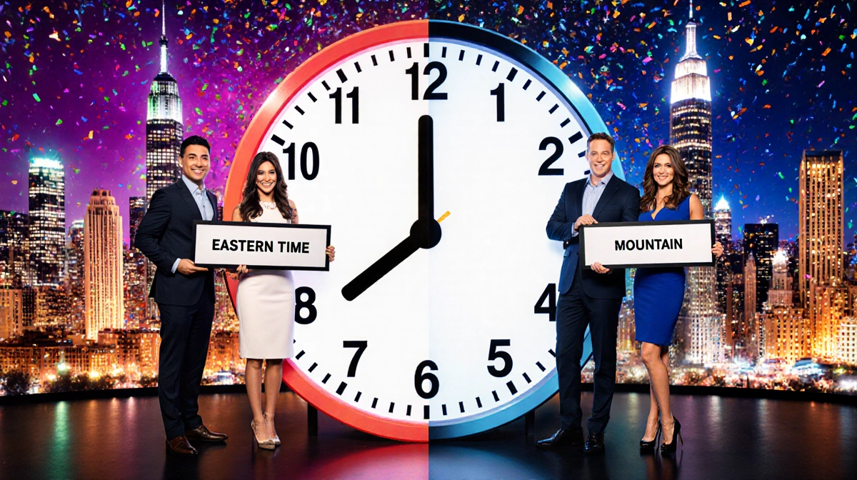 Co-hosts raise Eastern Time and Mountain Time signs with a large countdown clock and confetti-filled New Year's Eve backdrop