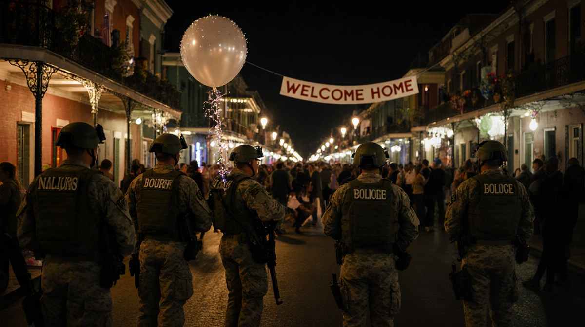 National Guard troops stand along Bourbon Street with streetlights illuminating uniforms and a faint memorial in background.