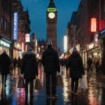 Shoppers clutching bags with neon glow on wet pavement reflecting and clock tower striking midnight