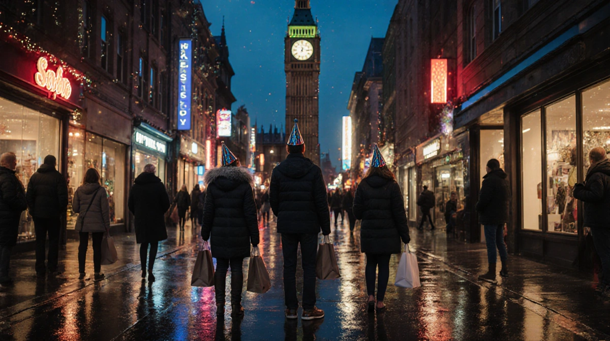 Shoppers clutching bags with neon glow on wet pavement reflecting and clock tower striking midnight
