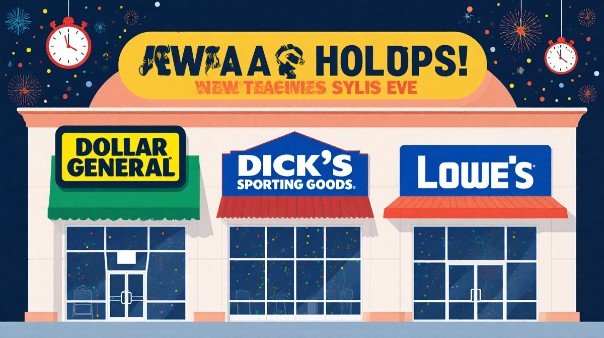 Three storefronts open with bold New Year's Eve lettering while Cabela's shows extended hours near a clock and calendar.