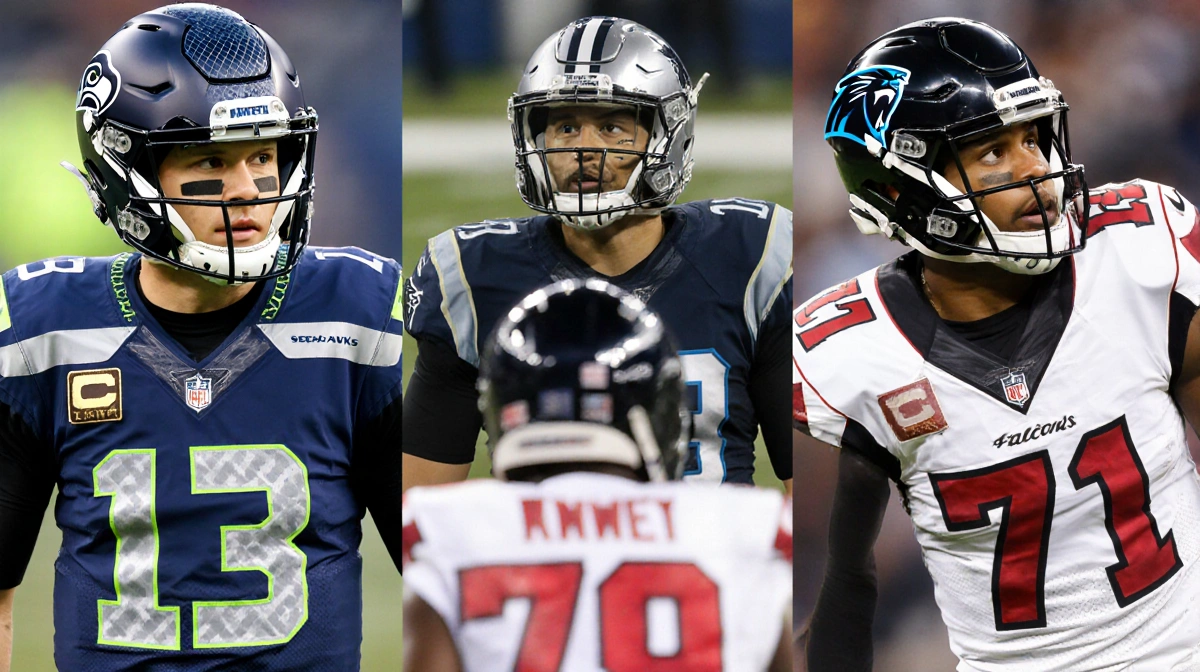 Seattle Seahawks stride confidently toward scoreboard while Carolina Panthers show uncertainty and Atlanta Falcons stare upwa