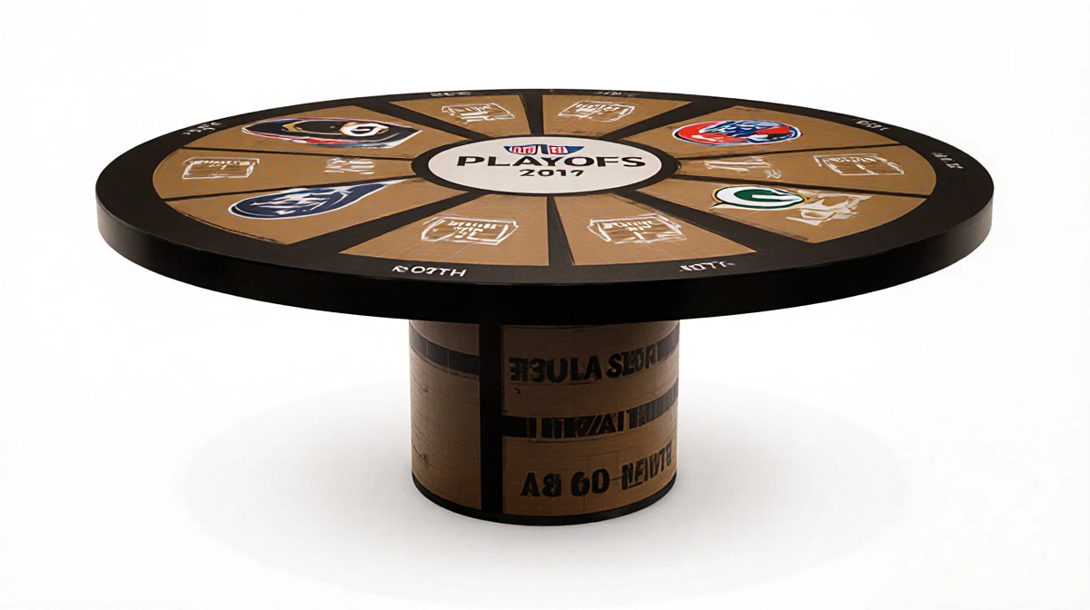 Stylized table showing NFL playoffs with earthy division logos around its head and champion teams in a circular pattern