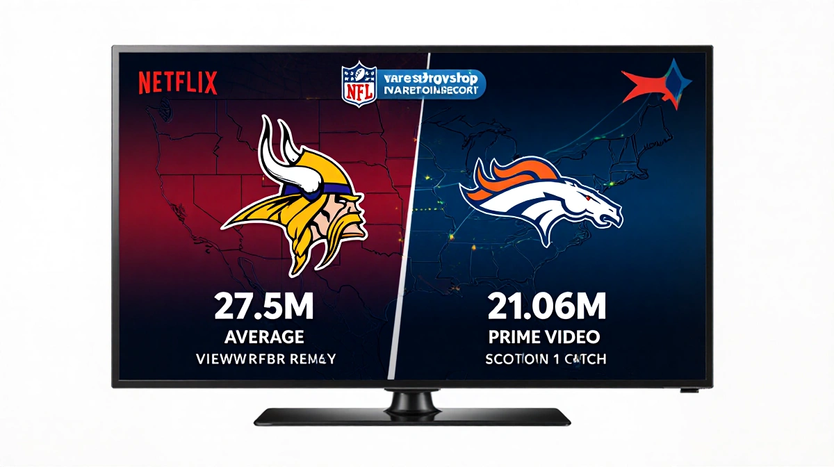 TV displays NFL game with Vikings logo 27.5M viewers on one side and Broncos logo 21.06M viewers on the other global chart.