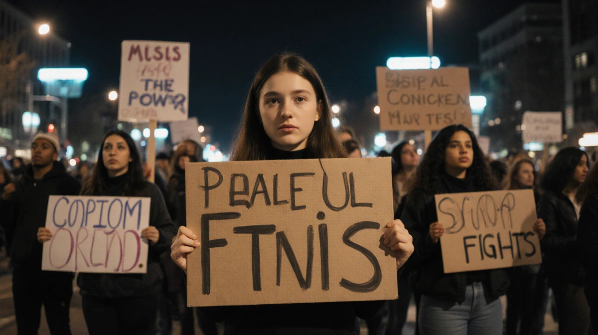 Young woman holding protest sign with diverse crowd and city streetlights behind her