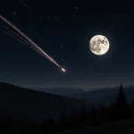 Full moon illuminating landscape with Quadrantid meteor shower streaking across night sky and silhouettes of trees.