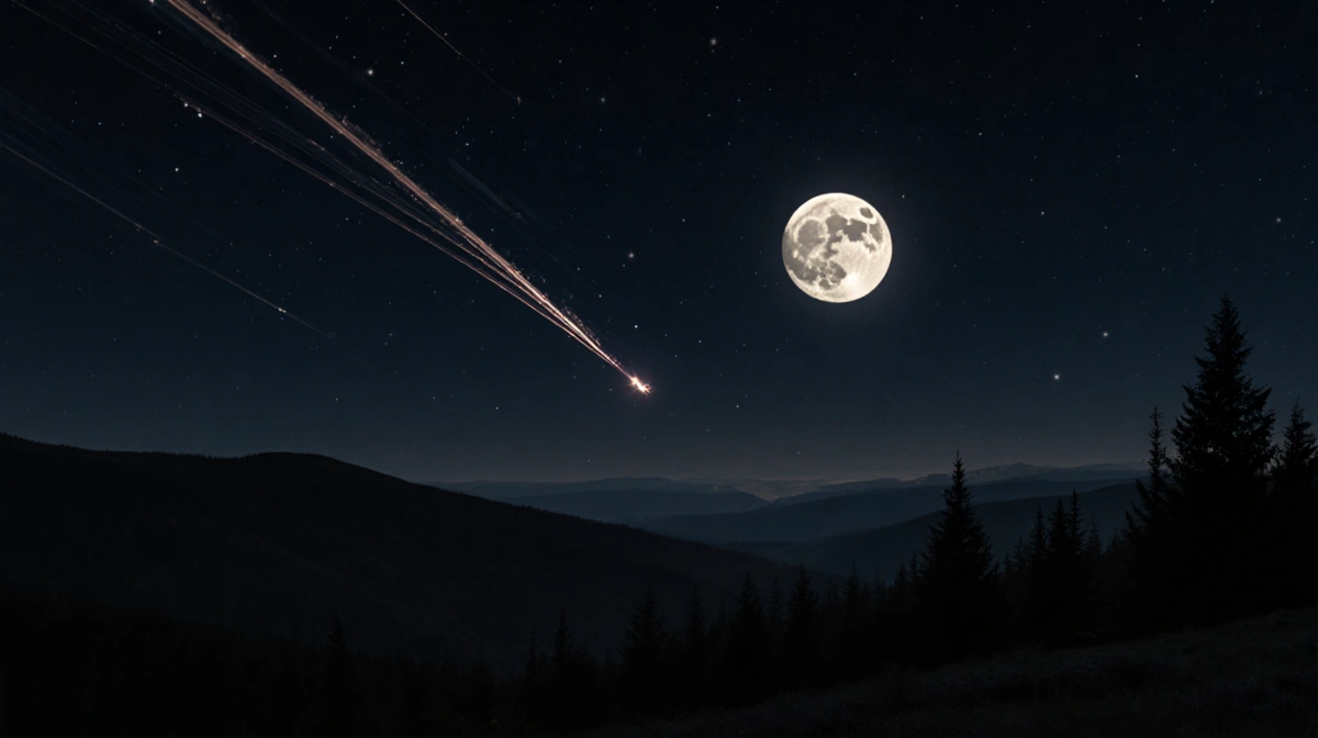 Full moon illuminating landscape with Quadrantid meteor shower streaking across night sky and silhouettes of trees.