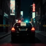 Police vehicle parked in dim alleyway with search warrant pinned to rear window reflected by neon lights