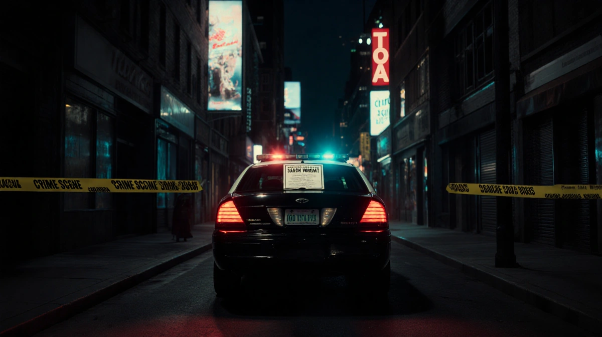Police vehicle parked in dim alleyway with search warrant pinned to rear window reflected by neon lights
