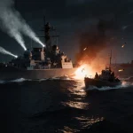 Destroyer fires torpedoes at a drug boat with orange ship lights illuminating the night.
