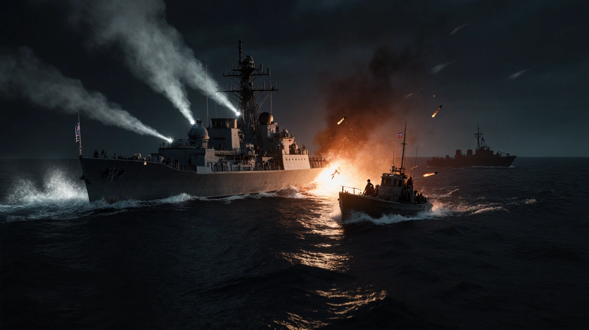 Destroyer fires torpedoes at a drug boat with orange ship lights illuminating the night.