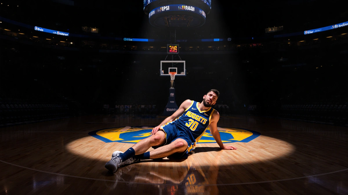 Nikola Jokic lying on basketball court clutching his injured knee with lone spotlight and Pepsi Center logo in background.