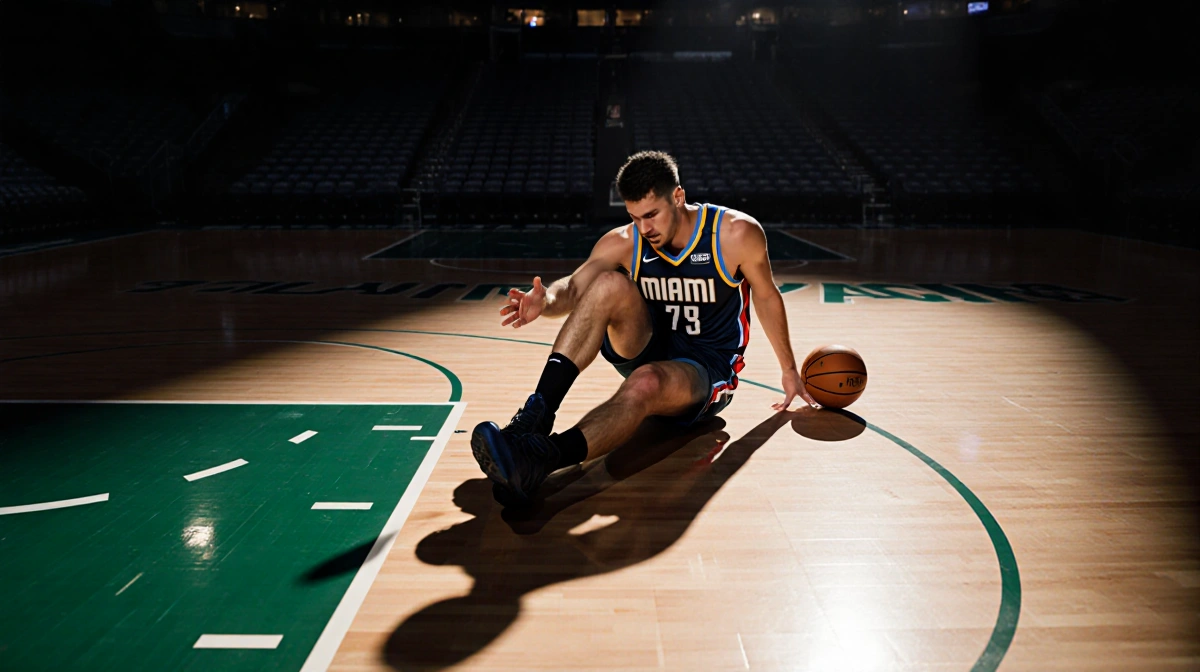 Nikola Jokic twisting his leg with an injured knee and a basketball near his hand in a dimly lit Miami arena.