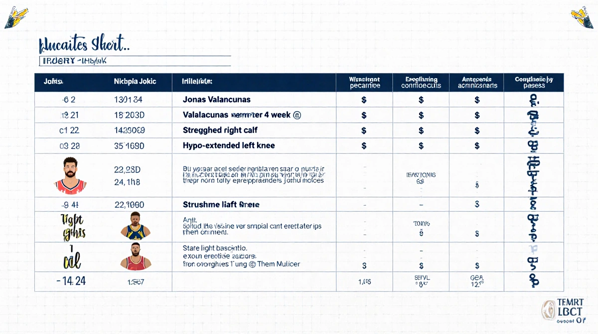 Injury tracker chart lists Nikola Jokic left knee injury and other player injuries with faint grid background