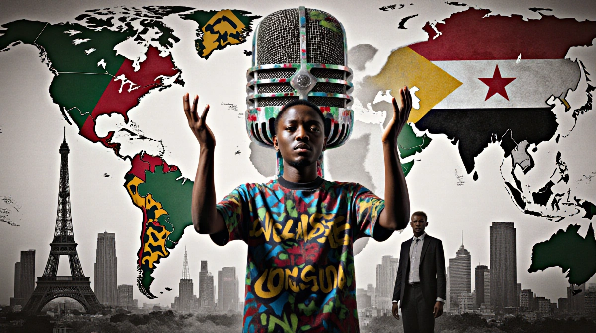 Nnédịmmáya speaking at graffiti microphone with torn Congo Sudan Palestine maps and city skyline behind