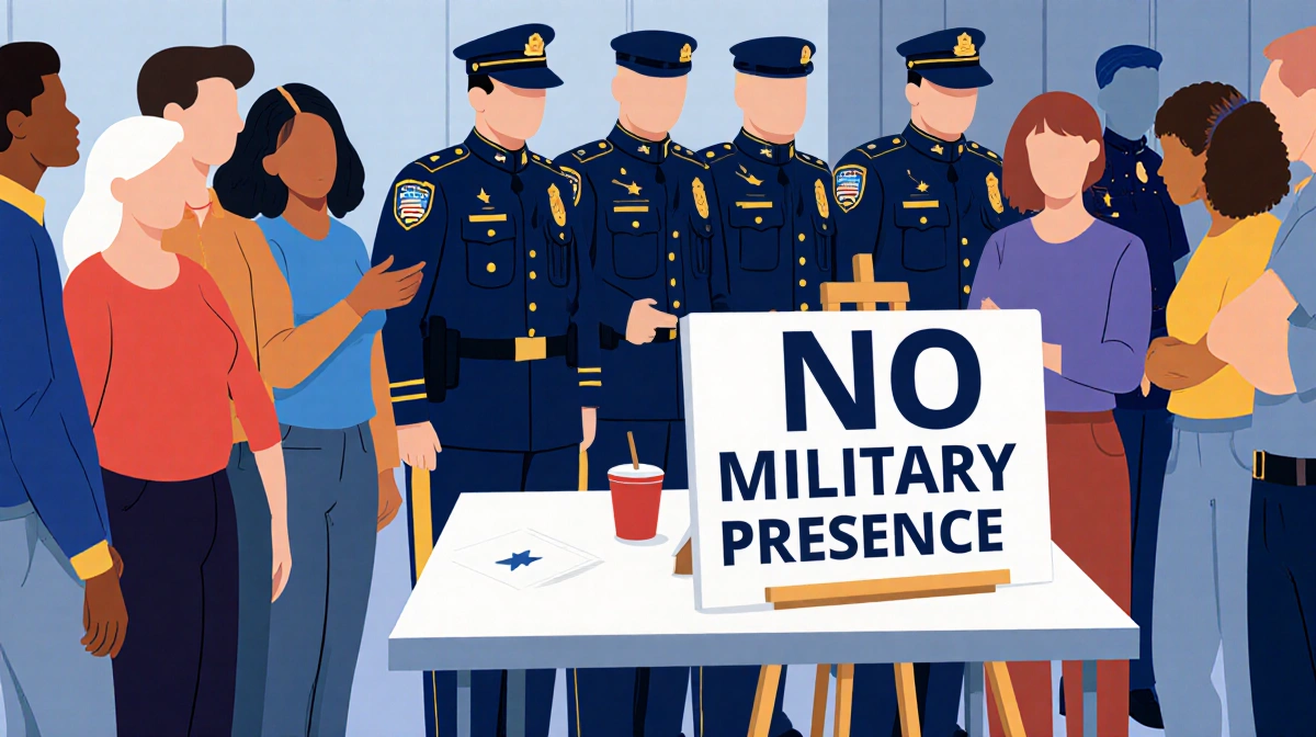 Crowd gathers around a table with a No Military Presence sign while military and police guards stand nearby