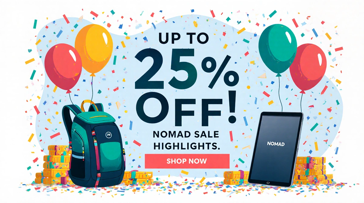 Nomad backpacks and tablets show sale with colorful balloons confetti and bold text announcing up to 25% off.