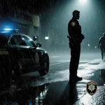 U.S. Marshal standing vigil beside a police cruiser with rain-soaked street in North Austin and a badge on the ground.