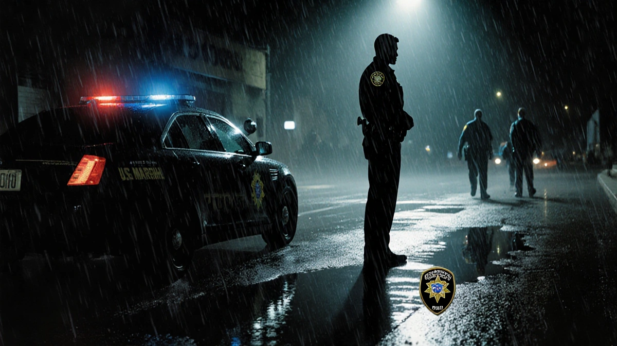 U.S. Marshal standing vigil beside a police cruiser with rain-soaked street in North Austin and a badge on the ground.