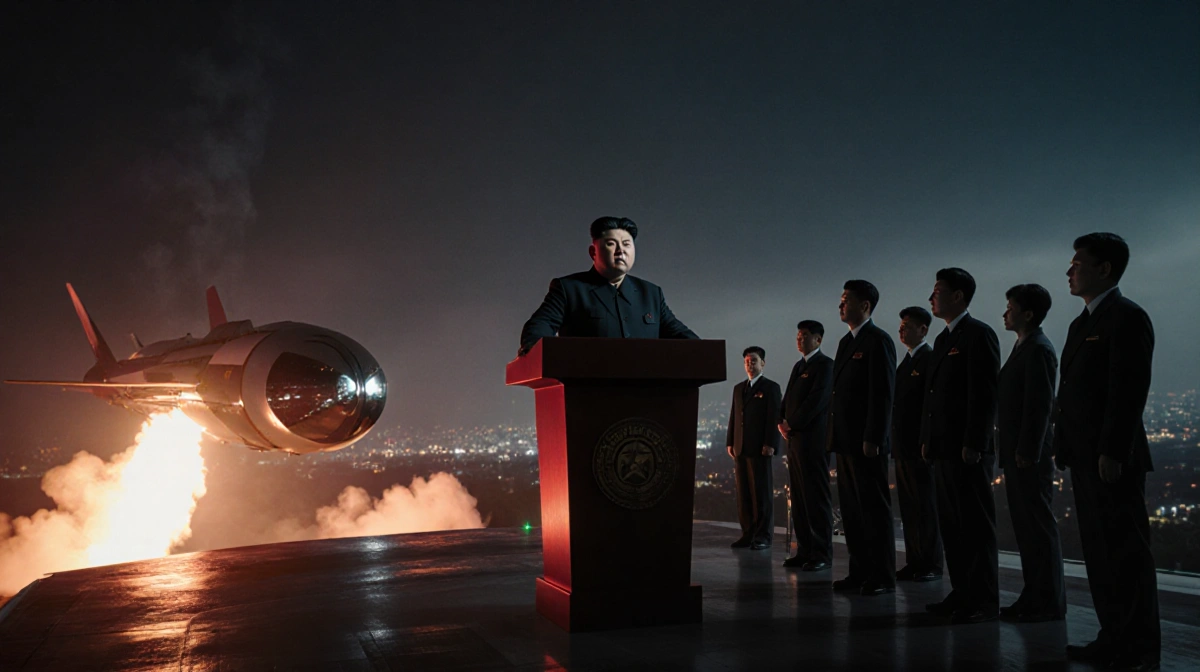 Kim Jong Un stands confidently behind podium with hypersonic missile system flaring flames and smoke at night