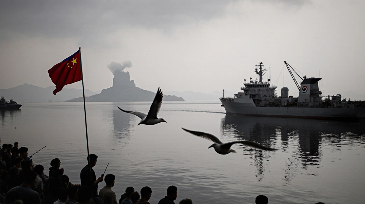 Ballistic missiles rise over a North Korean dock with a cargo ship sailing away under a grey ominous sky