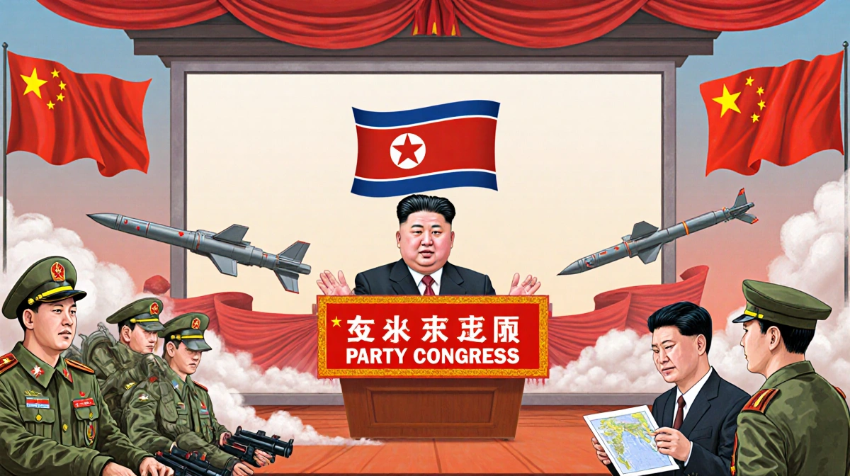 North Korean Workers Party banner on screen with fluttering flags missile silos and defense analysts hinting Chinese ties