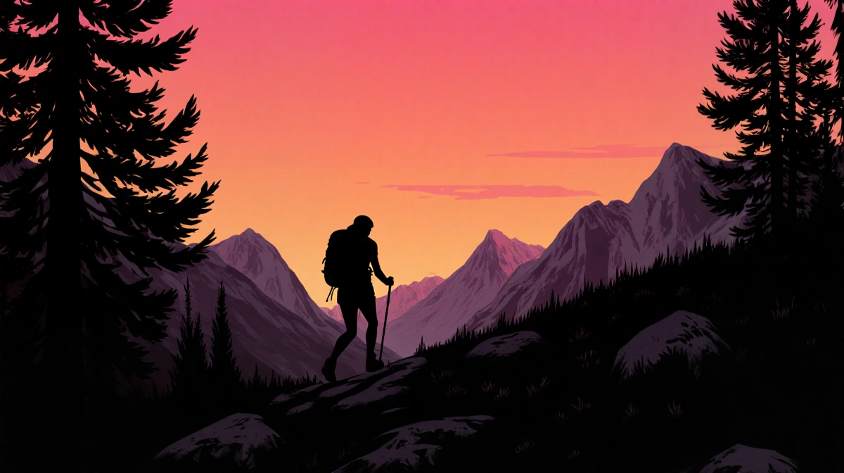 Female hiker walking toward trees at dusk with orange-pink sky and rugged mountains behind