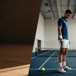 Novak Djokovic standing alone with faded tennis racket and tennis ball in foreground against empty courtroom backdrop