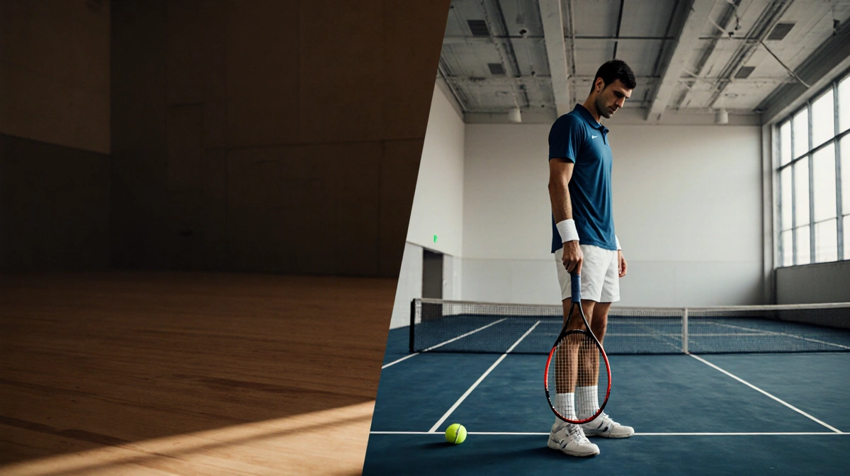 Novak Djokovic standing alone with faded tennis racket and tennis ball in foreground against empty courtroom backdrop