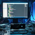 Nvidia graphics card sits on cluttered workbench with wires and circuit boards while screen shows code in futuristic workshop