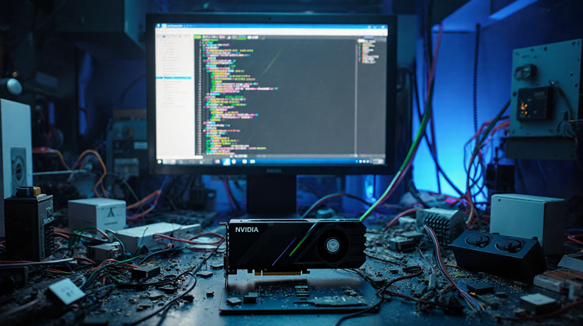 Nvidia graphics card sits on cluttered workbench with wires and circuit boards while screen shows code in futuristic workshop