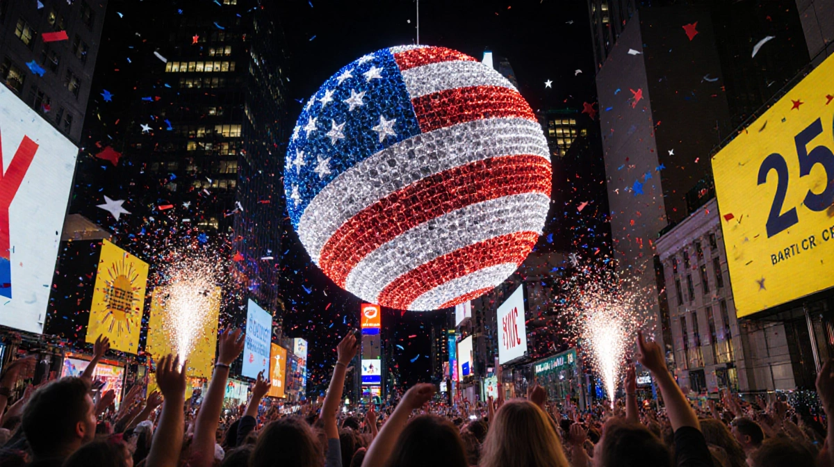 Constellation Ball lights up with patriotic colors and fireworks over Times Square crowd