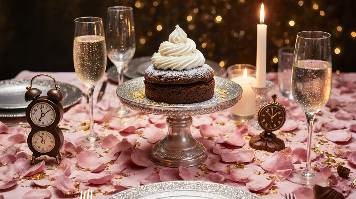 NYE dessert sits on velvet tablecloth with champagne flutes and twinkling lights.