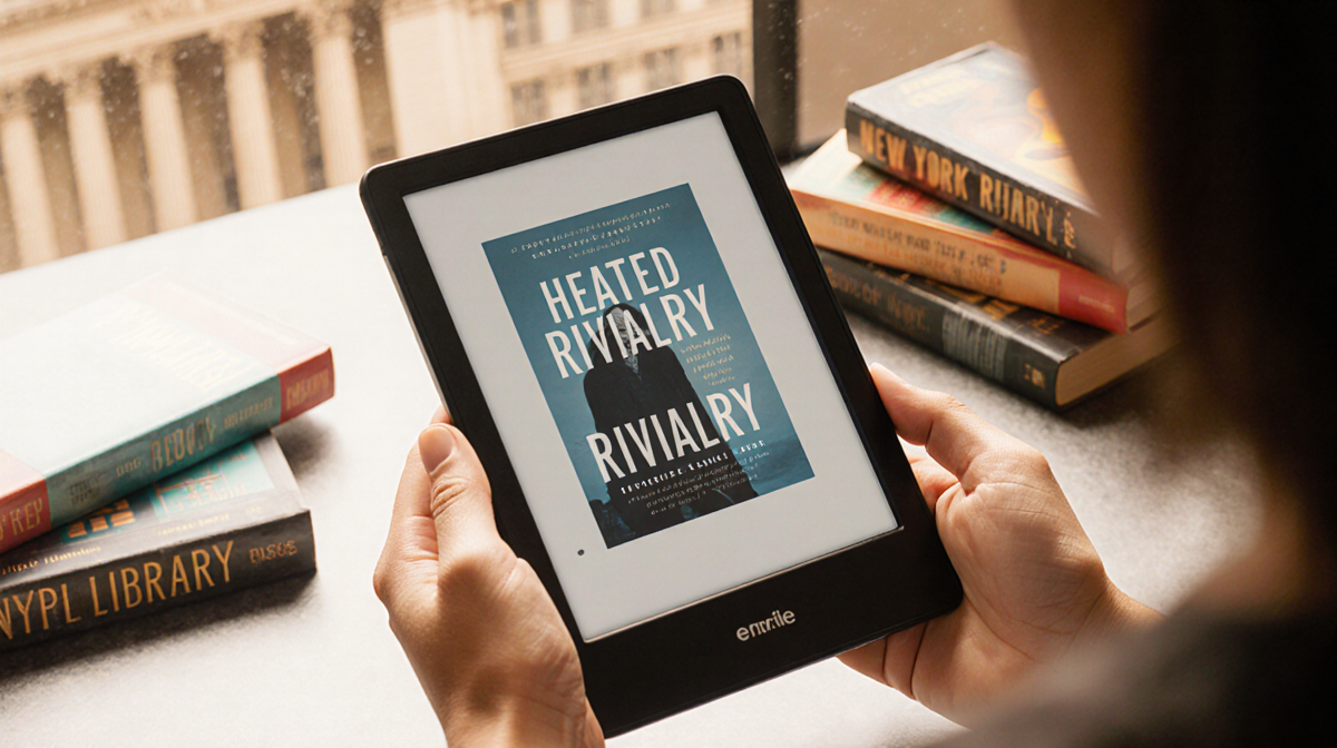 Person holding an e-reader with the NYPL app showing the Heated Rivalry cover near a blurred NYPL building and a few books.