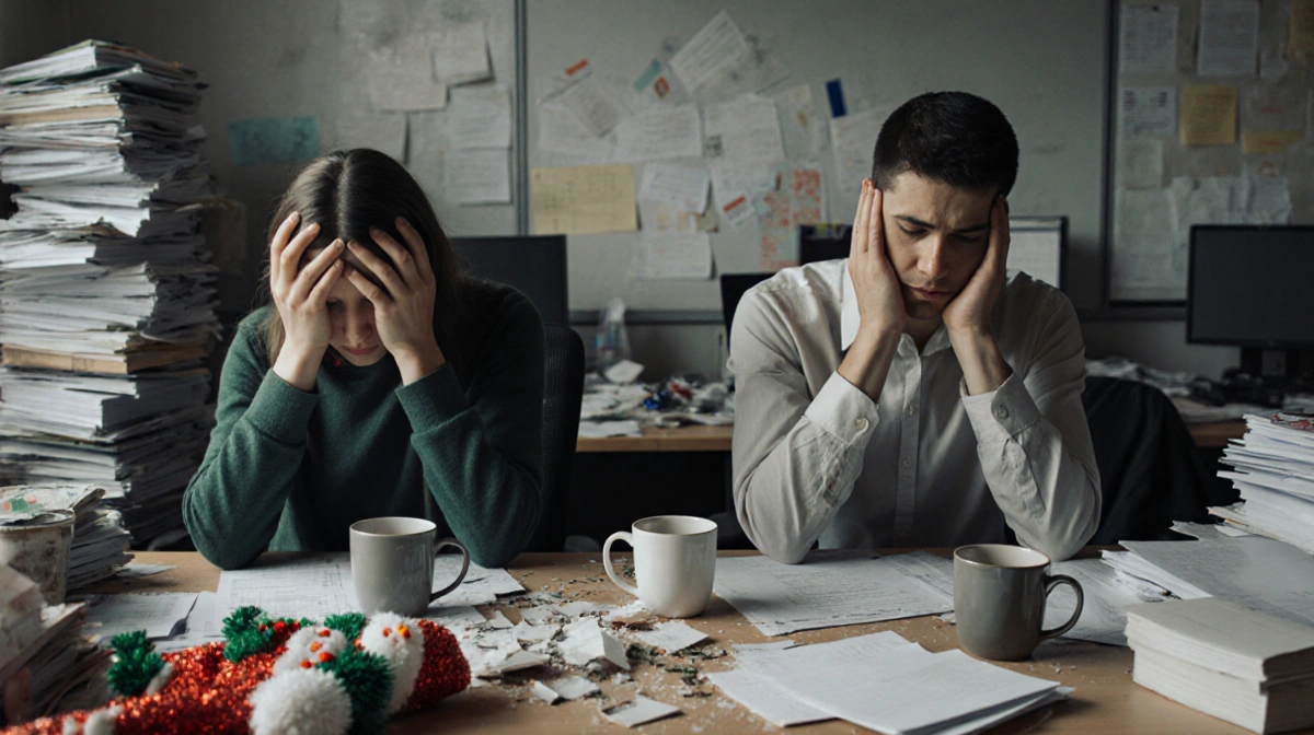 Person clutching head at cluttered office desk with shattered Christmas ornament and another staring blankly