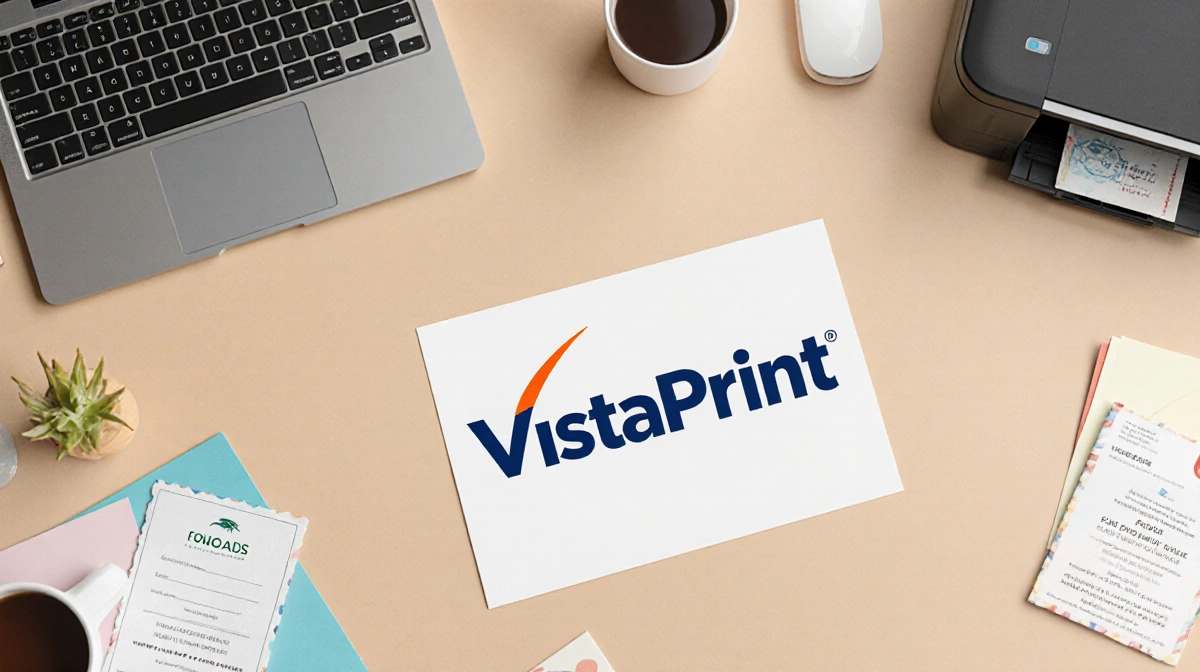Desk organized with VistaPrint logo and laptop and printer and a postcard and promo code folder on warm beige background