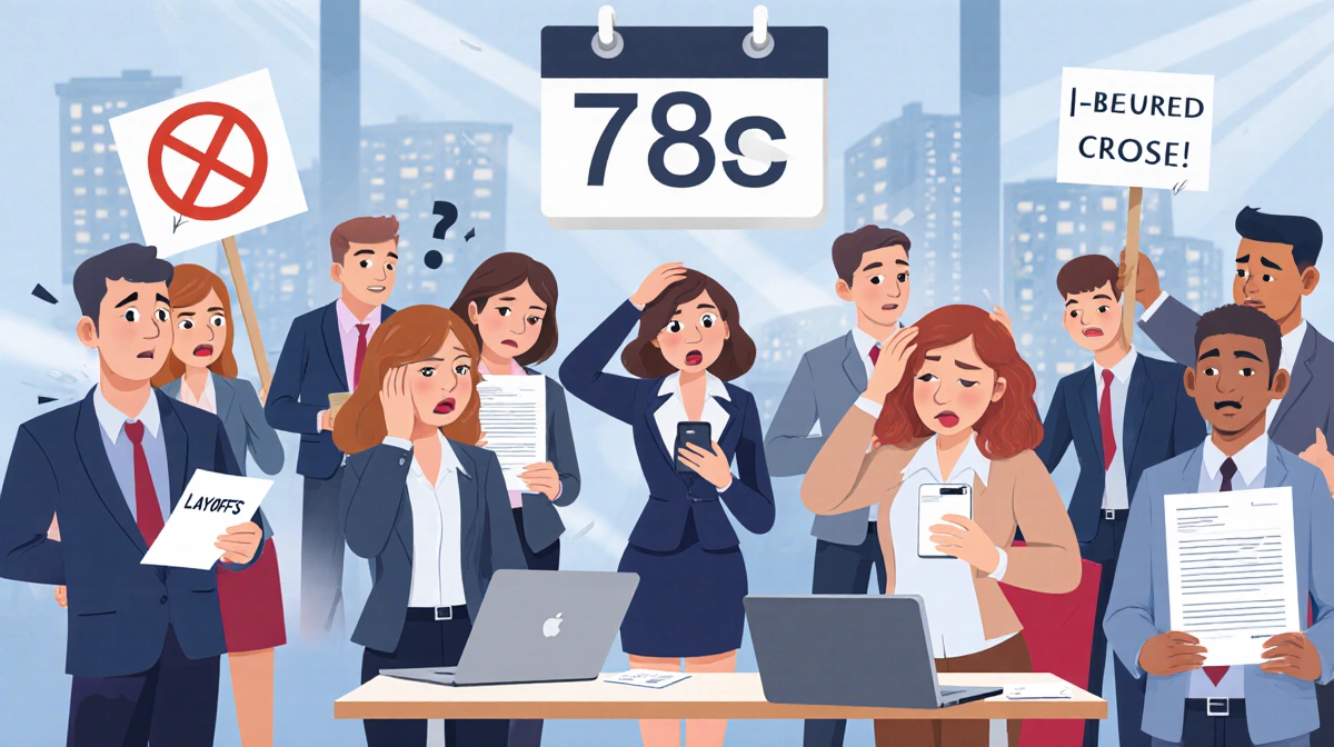 Employees react in shock with phones in hand and protest signs showing layoffs and no severance in a chaotic office.