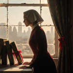 Offred standing at the edge of a white table with antique books and golden light filtering from a Gilead window