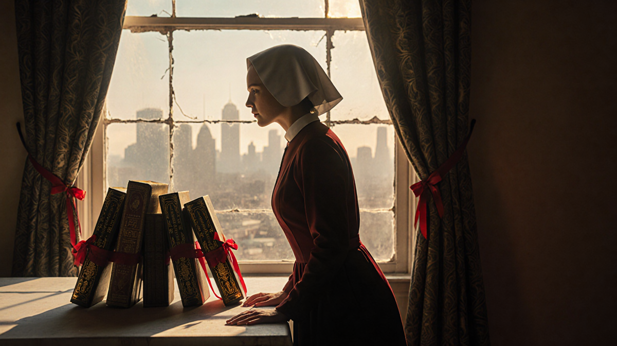 Offred standing at the edge of a white table with antique books and golden light filtering from a Gilead window