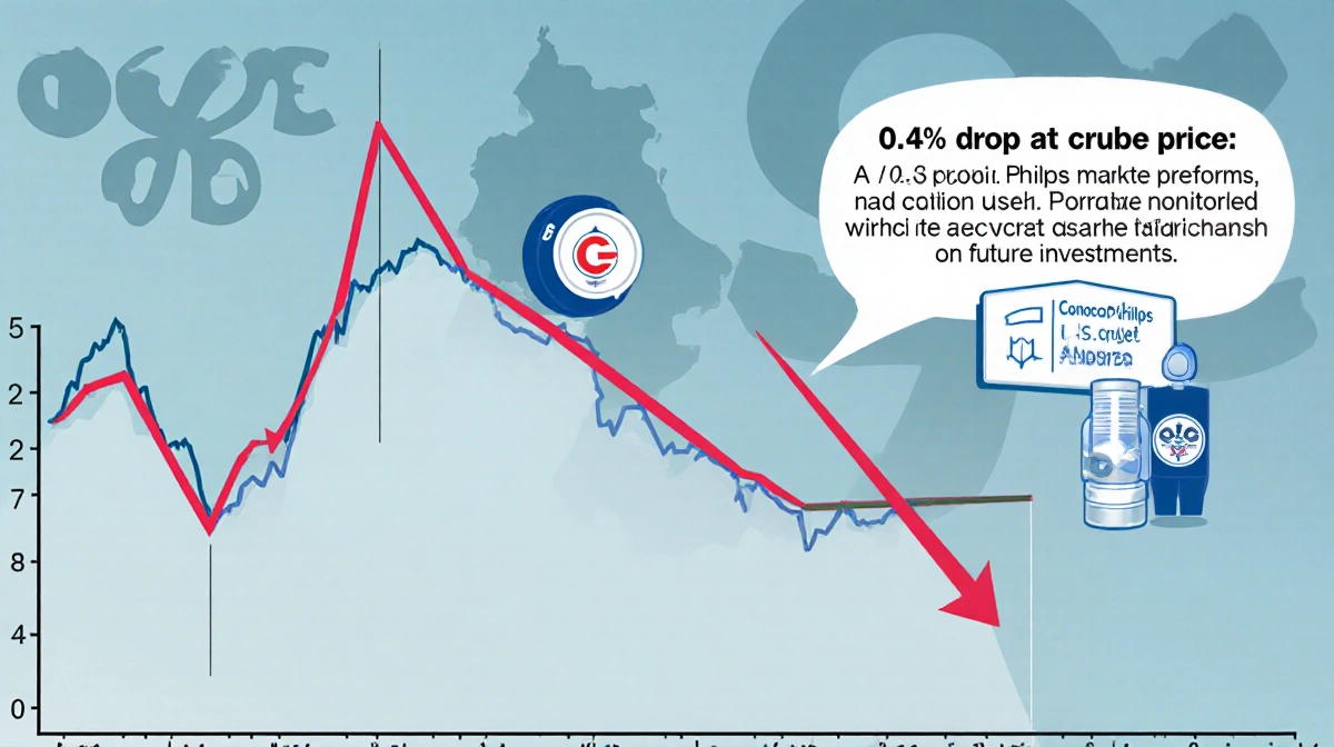 Oil market graph dropping to $57.07 per barrel with OPEC logo background and ConocoPhillips logo warning against speculation.