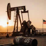 Oil drilling rig standing alone in the Venezuelan desert with a sunset orange glow and scattered barrels